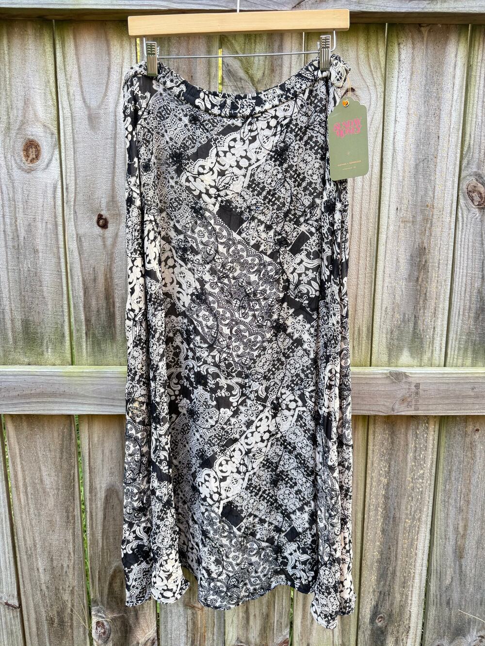 Sunday Honey Reworked Black & Cream Embellished Maxi Skirt | Low-Rise Bias-Cut